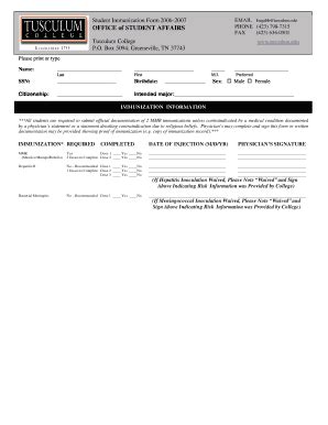 Fillable Online Tusculum Student Immunization Form Tusculum College