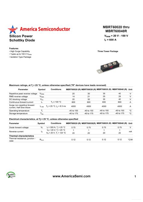 Mbrt R Datasheet Pdf Silicon Power Schottky Diode