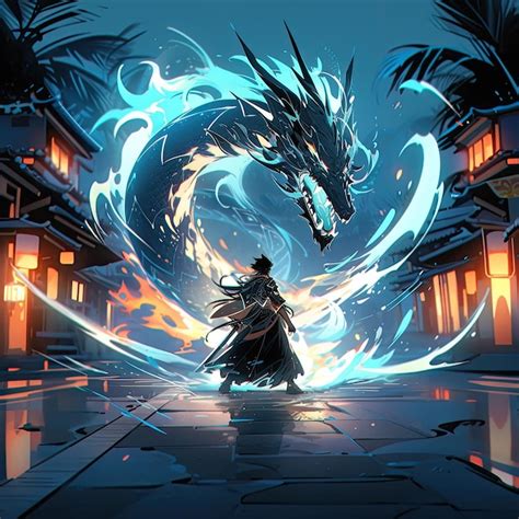 Premium Photo | Warrior man dragon fight anime futuristic illustration mystical fantasy art ...