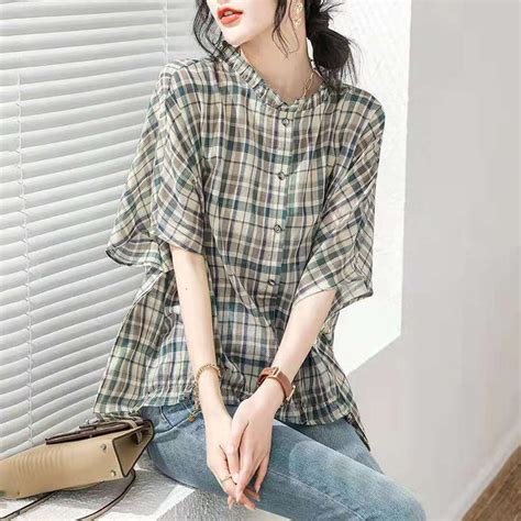 Cheap Zanzea Summer Casual O Neck Half Sleeve Plaid Cover Up Blouse