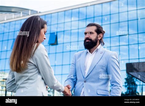 Business Couple Shaking Hands Bearded Man Meet Woman Outdoor Business