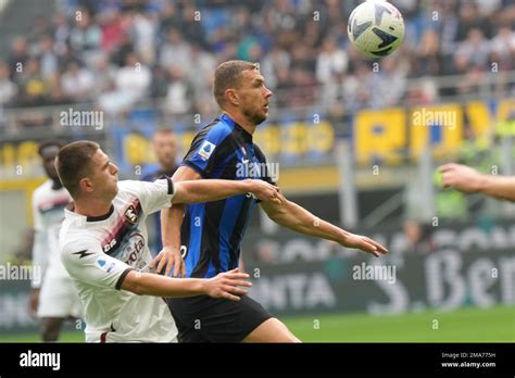 Inter Milan S Edin Dzeko Challenges For The Ball With Salernitana S