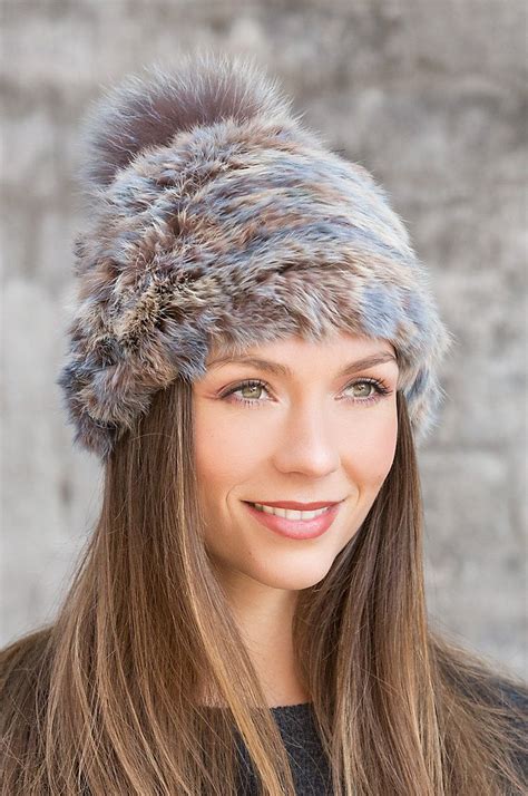 Knitted Rabbit Fur Hat With Detachable Fur Pom Rabbit Fur Hat Fur