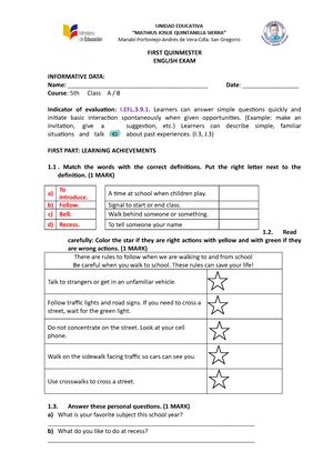 Cuestionario Examen De Ingles Nivel Basico Elemantal A1 MOCK