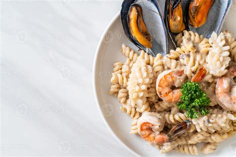 Spiral Pasta Mushroom Cream Sauce With Seafood Italian Food Style