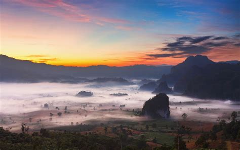 nature landscape trees sunrise mist valley mountain clouds field ...