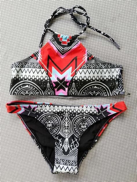 Halter High Neck Geometrical Print Boho Bikini Set 35 OFF Rosegal