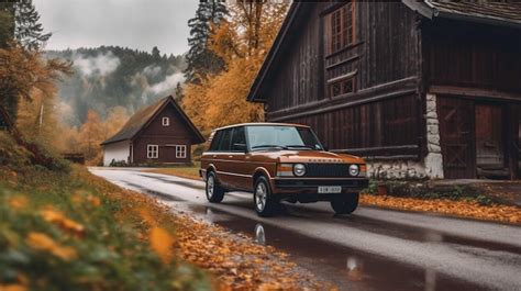 Premium AI Image | Vintage car on the road in the autumn forest Retro car