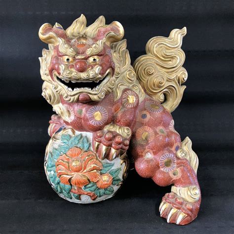 【傷や汚れあり】r704【 九谷焼 太吉 約34×30×45cm】約14㎏ 色絵金彩 獅子置物 赤獅子 玉獅子 玉乗り獅子 魔除け 招福 縁起