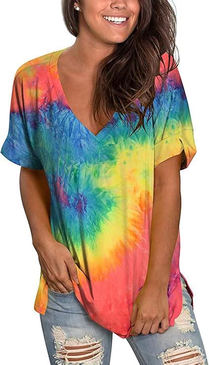 Womens Tie Dye T Shirt V Neck Tops Summer Short Sleeve Blouse Tunic