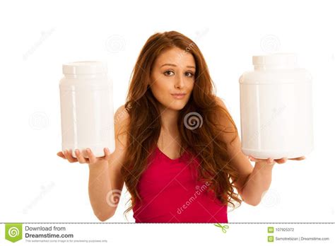 Attractive Beautiful Sporty Woman Holds Blank Plastic Protein Co Stock