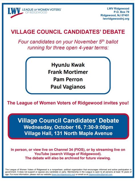 League Of Women Voters Ridgewood Village Council Candidates Forum Tonight