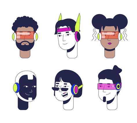 Futuristic People 2d Linear Avatars Illustration Set Robot Futurism