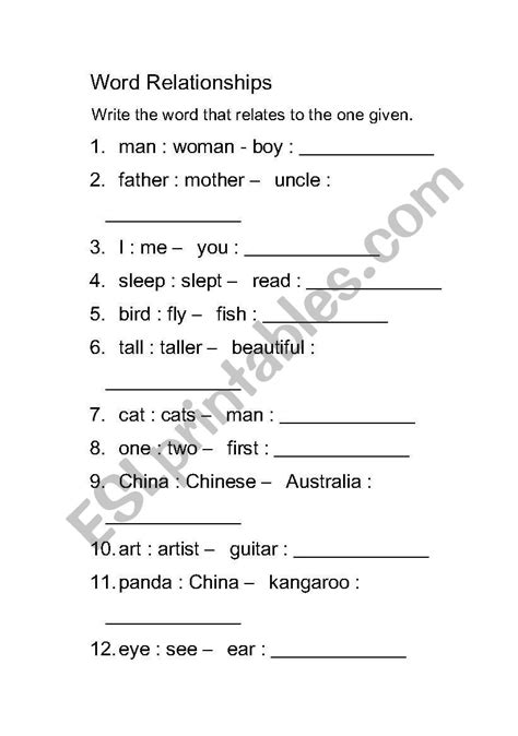 English Worksheets Word Relationship