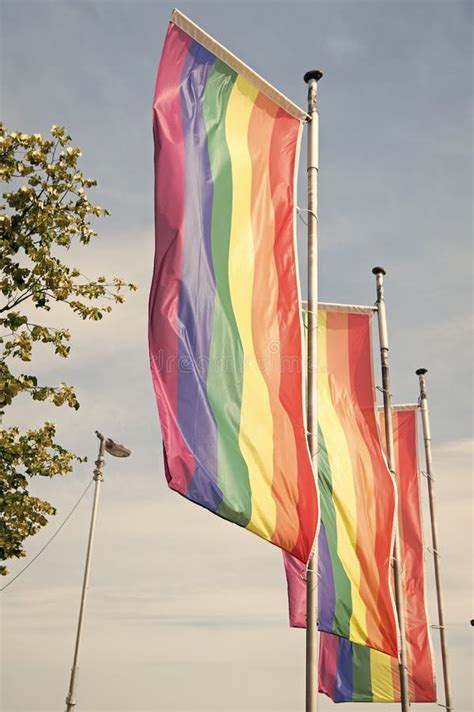 Flags Usa And Lesbian Pride Waving In The Wind On Flagpole Against The