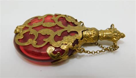 Antique Cranberry Glass Chatelaine Perfume Bottle With Gold Filigree