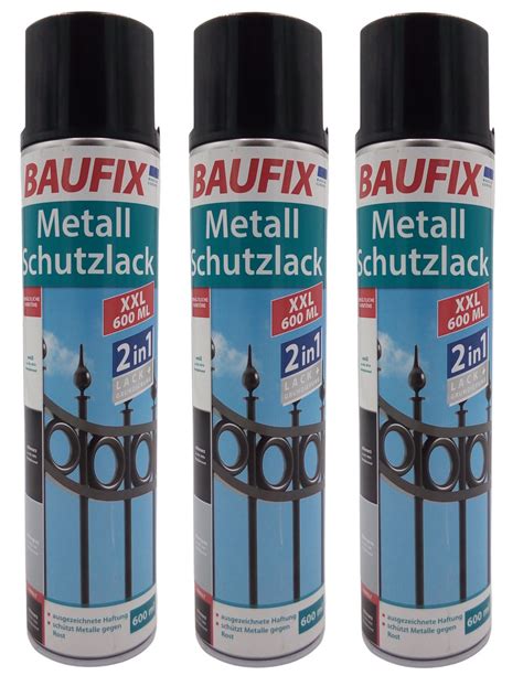 Paket 3x Baufix 2in1 Metall Schutzlack Spray 600 ml schwarz glänzend