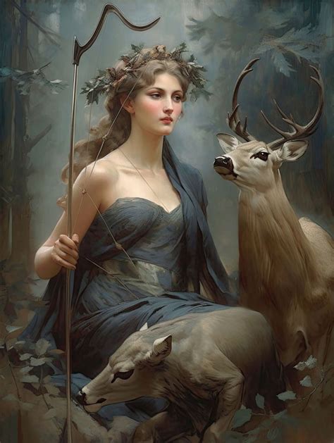 A Painting Of A Woman Sitting Next To A Deer