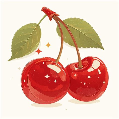 Premium Vector Red Cherries With Stems And Leaves