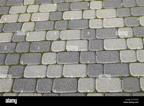 Industrial Building Background Of Paving Slabs With Overgrown Wi Stock