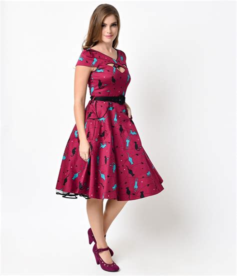 Voodoo Vixen 1950s Atomic Purple Charlotte Cats Swing Dress Unique