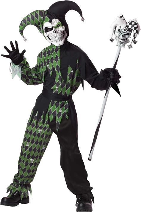 Evil Jester Child Costume Black And Green Scary Halloween Fancy Dress