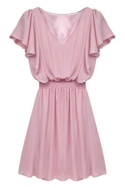 Romwe Falbala Elastic V Neck Sheer Pink Dress