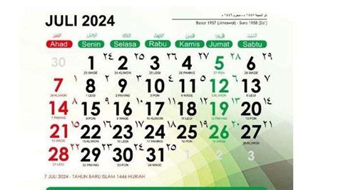 Kalender Juli 2024 Lengkap Masehi Hijriah Dan Weton