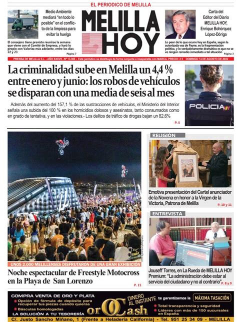 Consulte La Portada De Melilla Hoy Del Domingo De Agosto De