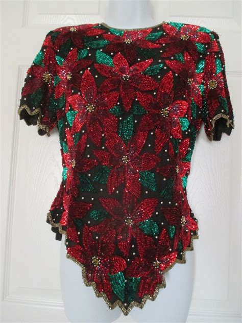 Laurence Kazar Heavily Sequin Beaded Pointsetta Top Gem