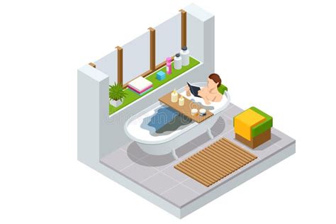 Isometric Woman Taking Bath Full Of Soap Foam Body Hygiene Relaxing