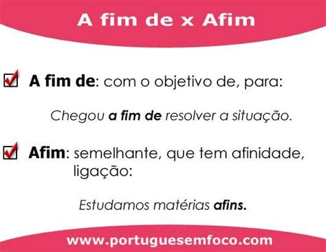 Afim E A Fim Diferença - a fim de x afim | Dicas de portugues, Aprender portugues, Dicas escolares
