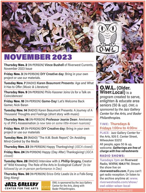 OWL November 2023 Calendar — Jazz Gallery Center for the Arts