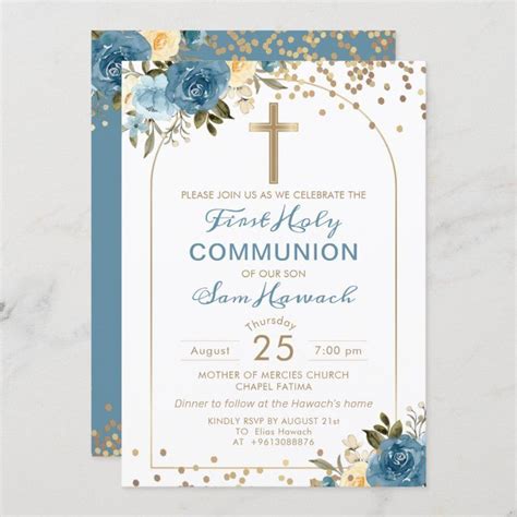 Arch Gold Dusky Blue Floral First Holy Communion Invitation Zazzle