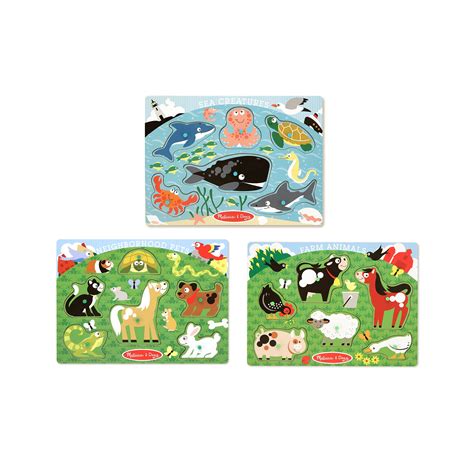 Amazon.com: Melissa & Doug Animals Wooden Peg Puzzles Set - Farm, Pets ...