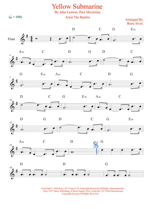 Yellow Submarine Arr Rene Alves By The Beatles Sheet Music For Flute