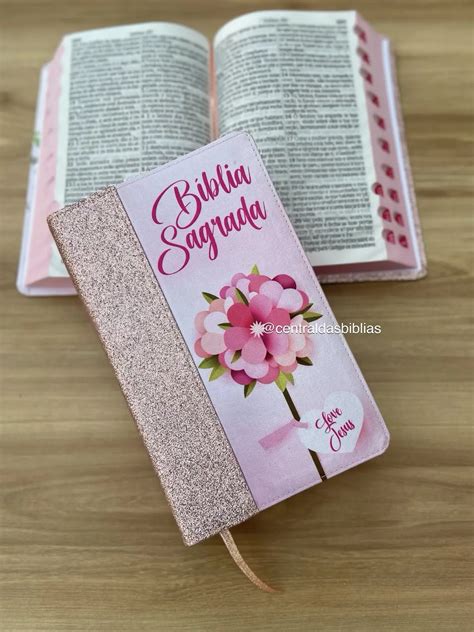 Biblia Premium Glitter Nude Flor Letras Grandes Evang Lica Harpa E