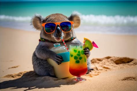 Premium Ai Image Koala On The Beach With A Cocktail