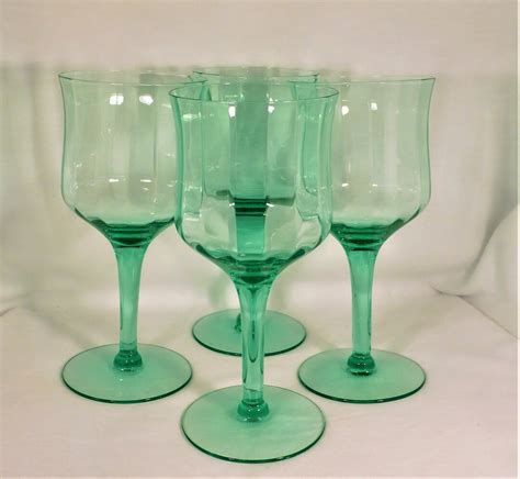 Tiffin Franciscan 4 Water Goblets Depression Green Glass Pattern 14188 Hand Blown Optic Paneled