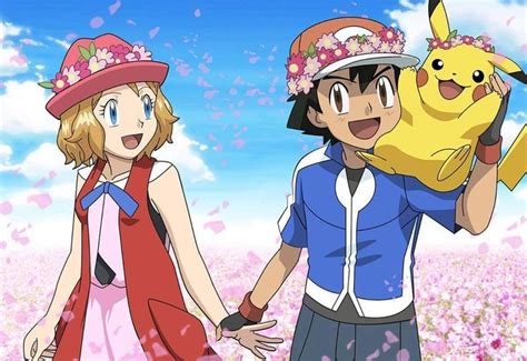 Serena And Ash With Pikachu At Field Of Flowers New Amourshipping