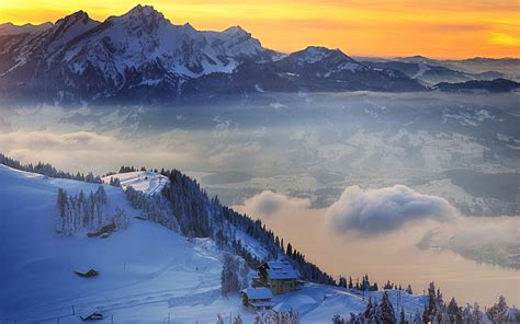 Seasons Buildings World Resort Mountains Trees Snow Sunrise