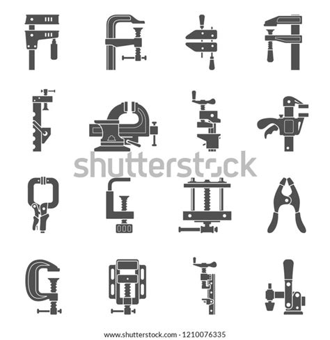 Black Icons Sixteen Different Types Clamps Stock Vector Royalty Free