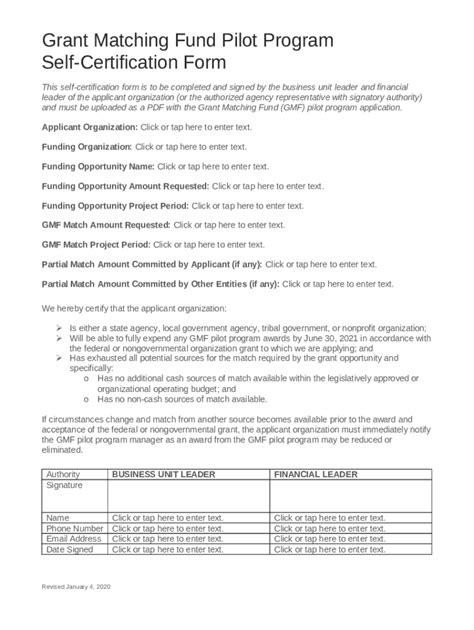 Grant Matching Fund Program Self Certification Doc Template Pdffiller