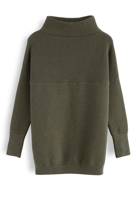 Cozy Ribbed Turtleneck Sweater In Army Green Retro Indie And Unique