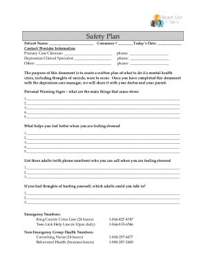 Fillable Online Patient Safety Plan Template Zero Suicide Fax Email