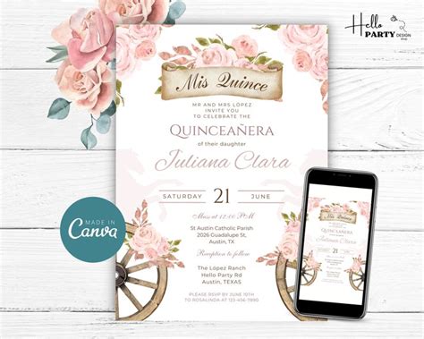 Rose Gold Charro Digital Quincea Era Invitation Pink Flowers Th