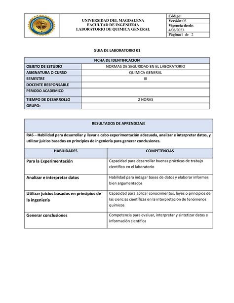 Lab Normas De Seguridad En El Laboratorio Universidad Del