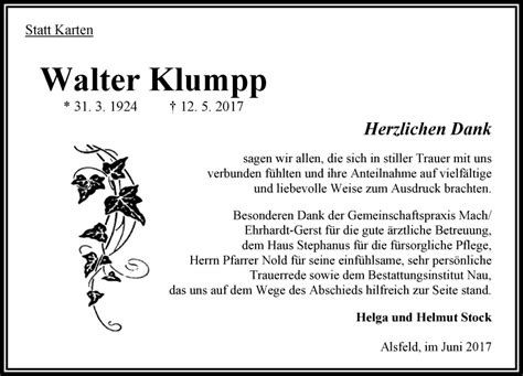 Traueranzeigen Von Walter Klumpp Vrm Trauer De