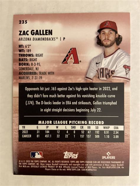 2023 Topps Stadium Club Red Foil 235 Zac Gallen Arizona Diamondbacks