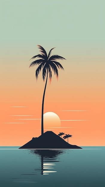 Una imagen de una puesta de sol con una palmera y una pequeña isla